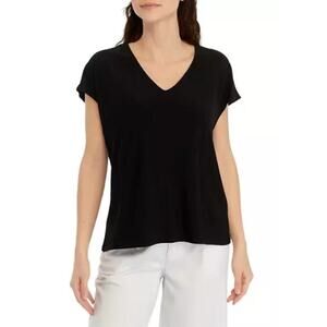 Vince Camuto V-Neck Short Sleeve Blouse Top Solid Rich Black Size XS NWT